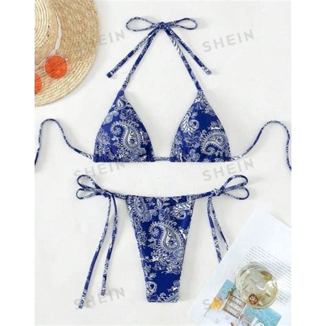 Medium Micro Triangle Padded Halter Paisley Print Tie Side Bikini Swimsuit Set Shopee Philippines