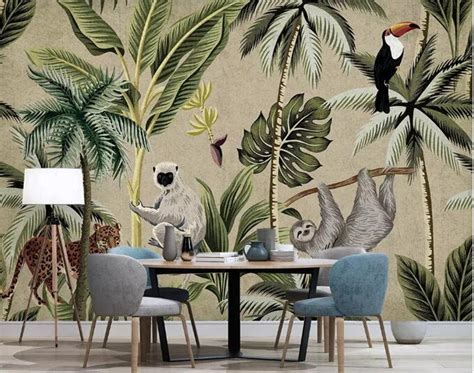 Watercolor Hand Painted Tropical Plants Wallpaper Wall Mural Etsy