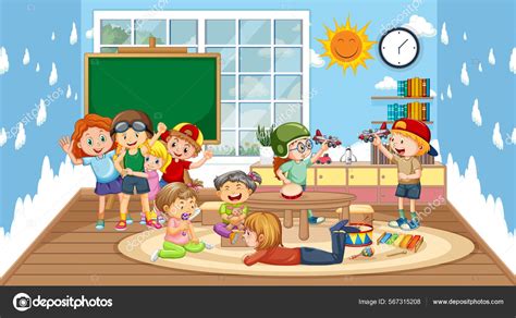 Scene Classroom Many Children Playing Illustration Stock Vector By