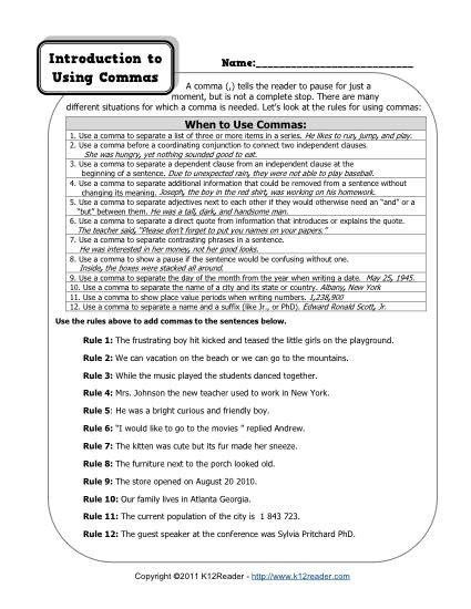 Where To Use Commas Th Grade