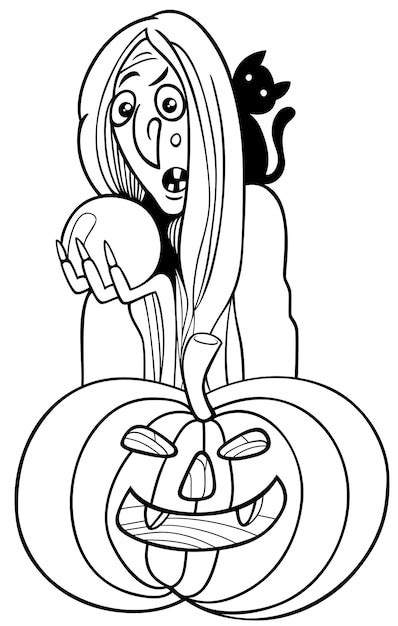 Premium Vector Cartoon Witch With Crystal Ball And Halloween Pumpkin Coloring Page