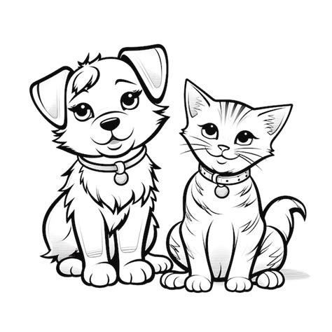 Un Dibujo En Blanco Y Negro De Un Gato Y Un Perro Sentados Uno Al Lado