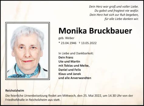 Traueranzeigen Von Monika Bruckbauer Trauerportal Ihrer Tageszeitung