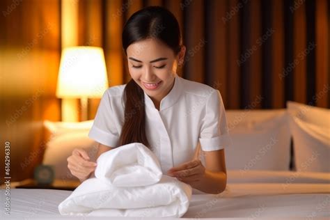 Beautiful Young Asian Hotel Maid Preparing Pillow On Bed Generative Ai Stock Illustration