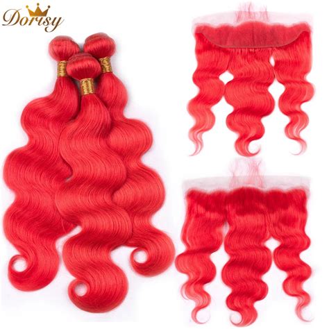 Pre Colored Red Bundles With Lace Frontal Closure Body Wave Remy