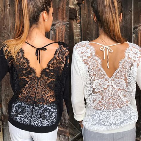 Sexy Hollow Lace Floral T Shirt Women Back Patchwork O Neck Long Sleeve Tops Harajuku Casual