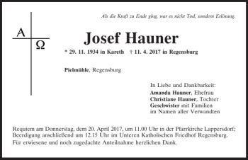 Traueranzeigen Von Josef Hauner Mittelbayerische Trauer