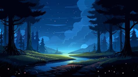 Premium AI Image Night Scene With A Stream In The Middle Of A Forest