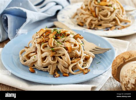 Whole Wheat Tagliolini With Mushrooms Porcini Stock Photo Alamy