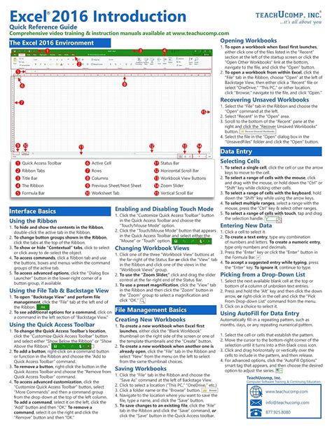 Microsoft Excel 2016 Introduction Quick Reference Training Guide Cheat Sheet Of Instructions