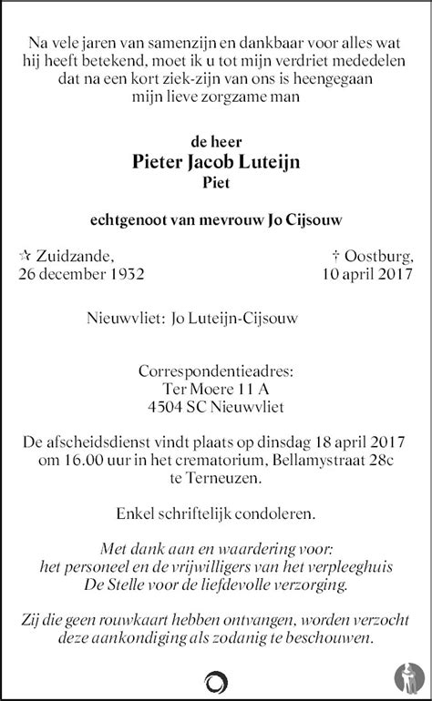 Pieter Jacob Piet Luteijn Overlijdensbericht En