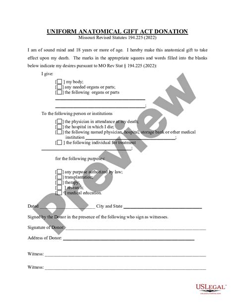 Missouri Revised Uniform Anatomical Gift Act Donation Us Legal Forms