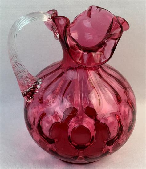 Lot Vintage Fenton Art Glass Cranberry Coin Dot Ruffle Top Pitcher W