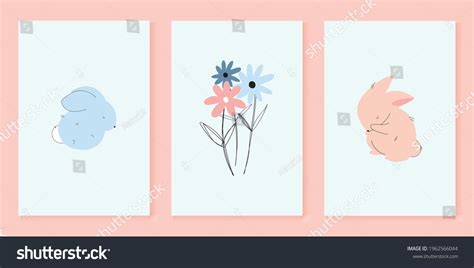 A Set Of Cute Holiday Cards Two Rabbits Hand Drawn Colorful Flowers