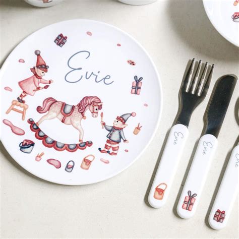 Personalised Kids Dinner Set Santas Workshop Elves Cmc Gold