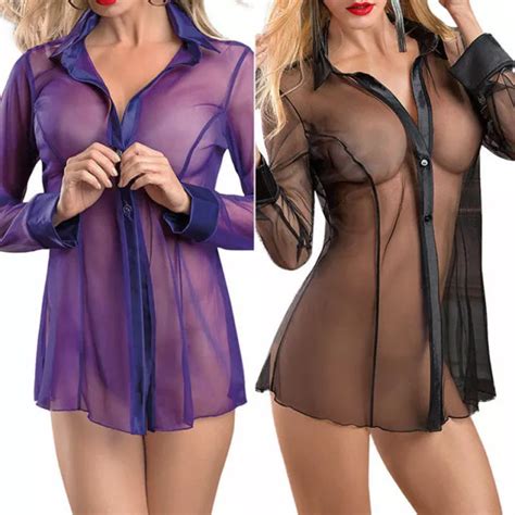 FEMMES SEXY TRANSPARENT Lingerie Robe De Nuit Pyjama Maille Chemise EUR