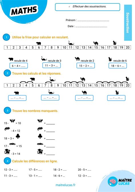 Exercices soustractions jusqu à 20 pour CP CE1 Maître Lucas