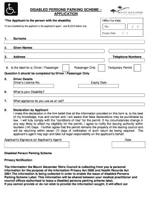 Fillable Online Mountalexander Vic Gov Disabled Persons Parking Form