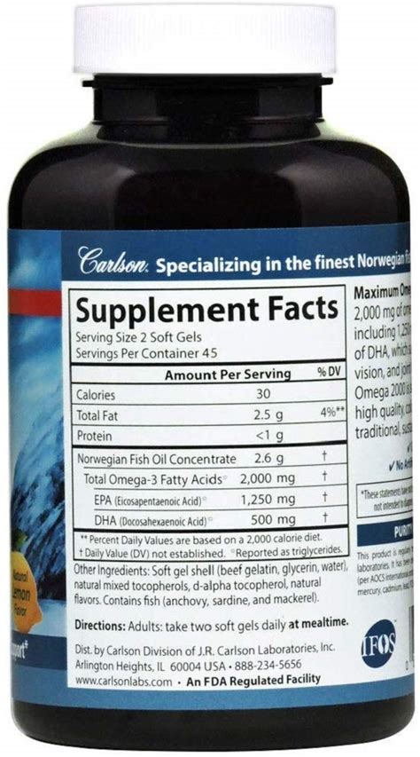 Carlson - Maximum Omega 2000, 2000 mg Omega-3 Fatty Acids Including EPA ...