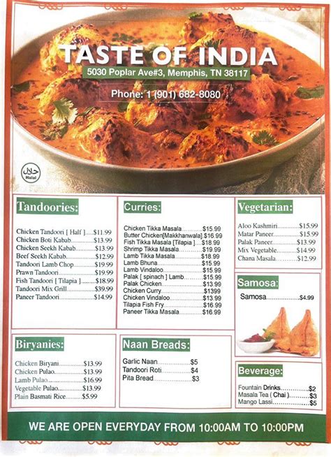 Menu At Taste Of India Restaurant Memphis