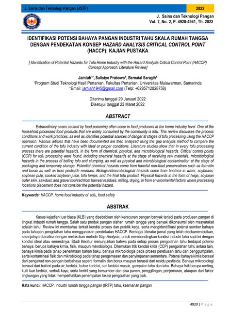 Pdf Identifikasi Potensi Bahaya Pangan Industri Tahu Skala Rumah