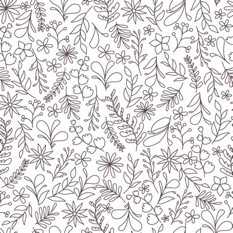 Floral And Leaves Seamless Pattern Hand Drawn Linear And Silhouette