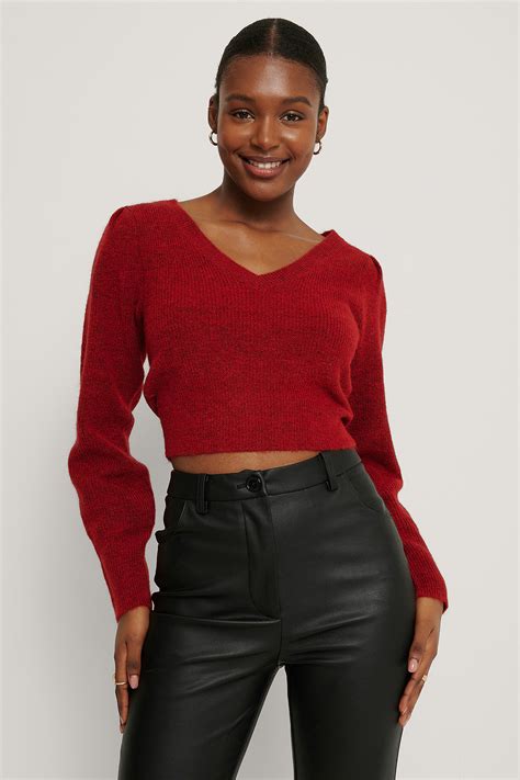 Puff Sleeve V Neck Knitted Sweater Red Na Kd