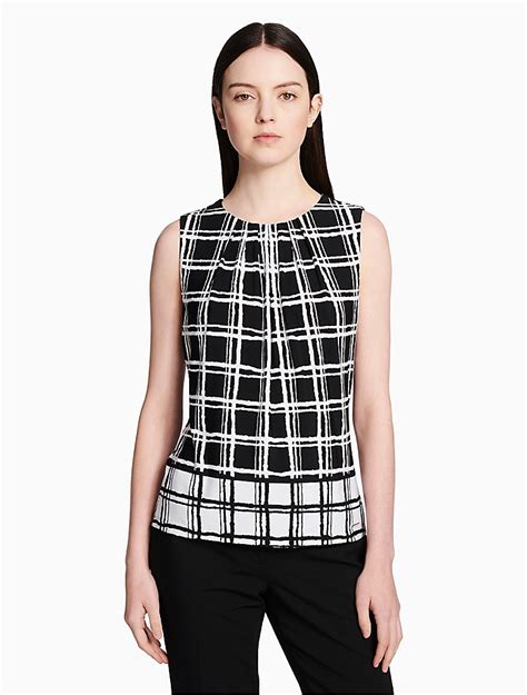 Calvin Klein Womens Black White Print Pleated Scoopneck Sleeveless