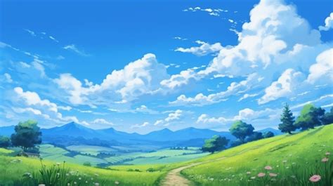 Premium Photo Anime Scenery Of A Green Field With A Dirt Road Leading