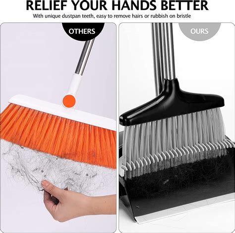 Xxxflower Standing Dustpan And Broom Set Long Handled Dust Pans With Self Cleaning Teeth For