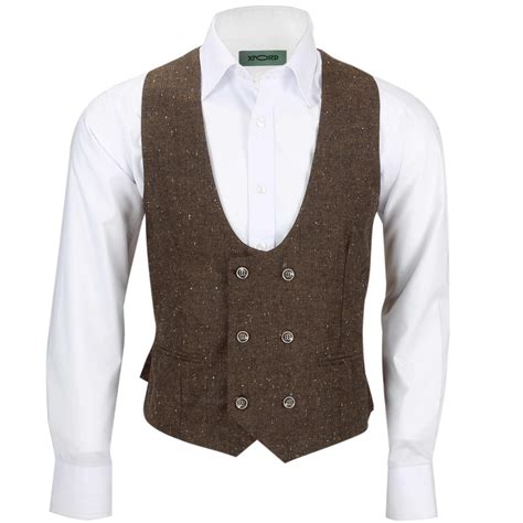 Mens Double Breasted Waistcoat Classic Low U Cut Herringbone Tweed