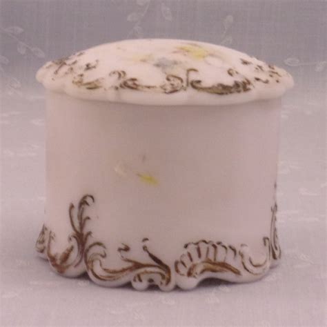 Gillinder Milk Glass Antique Dresser Puff Box W Lid Covered Victorian Satin Frosted Decorated