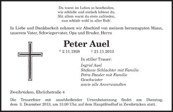 Traueranzeigen Von Peter Auel Saarbruecker Zeitung Trauer De