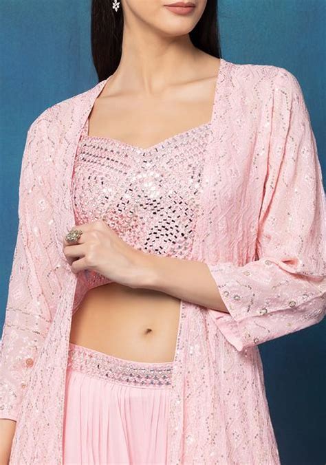 Buy Women Pink Sharara Set With Mirror Embellished Blouse And Sequin