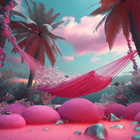 Premium Ai Image There Is A Hammock Between Two Palm Trees And Pink