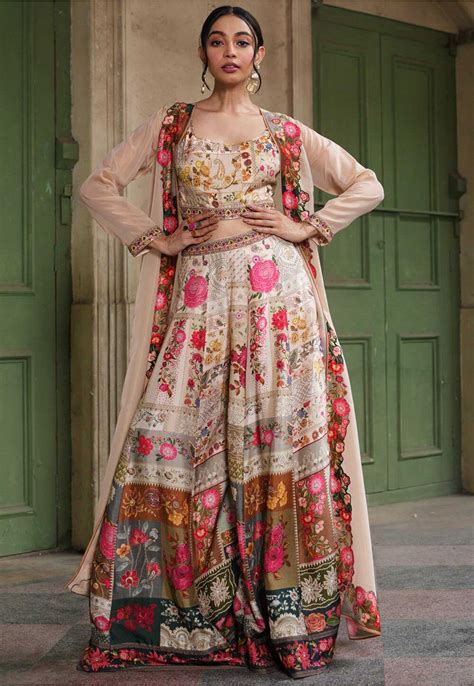 Buy Digital Printed Art Silk Crop Top Set With Jacket In Beige Online Tkk500 Utsav Fashion