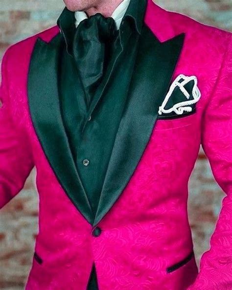 Men Suits Hot Pink Pattern And Black Groom Tuxedos Shawl Satin Lapel