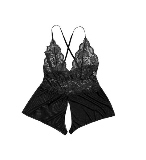 Deep V Lace Bodysuit Babydoll Lingerie Teddy Chemise Nightwear Black