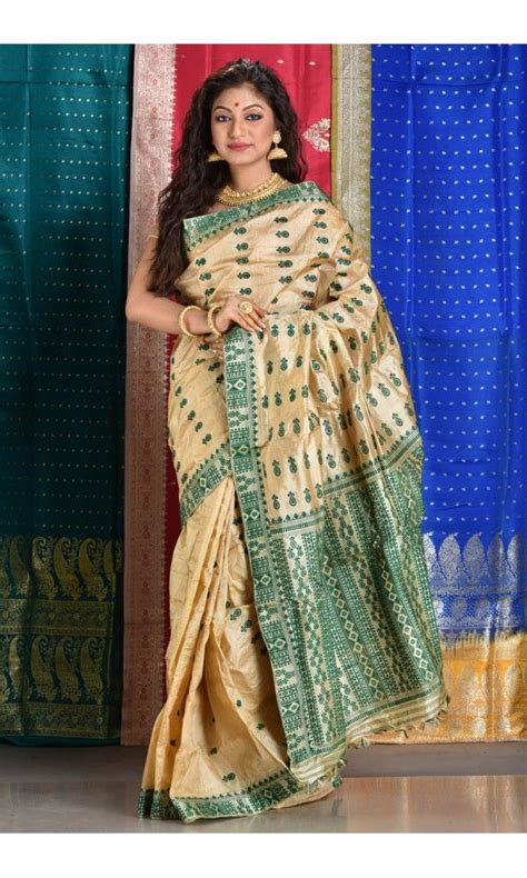 Beige Tussar Green Assam Silk Saree Be Traditional Adi5239 Assam Silk Saree Silk