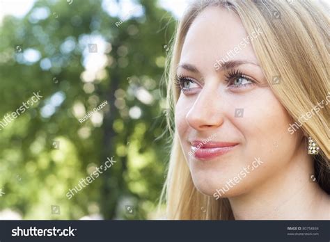 Happy Cute Blonde Stands Park Stock Photo 80758834 Shutterstock