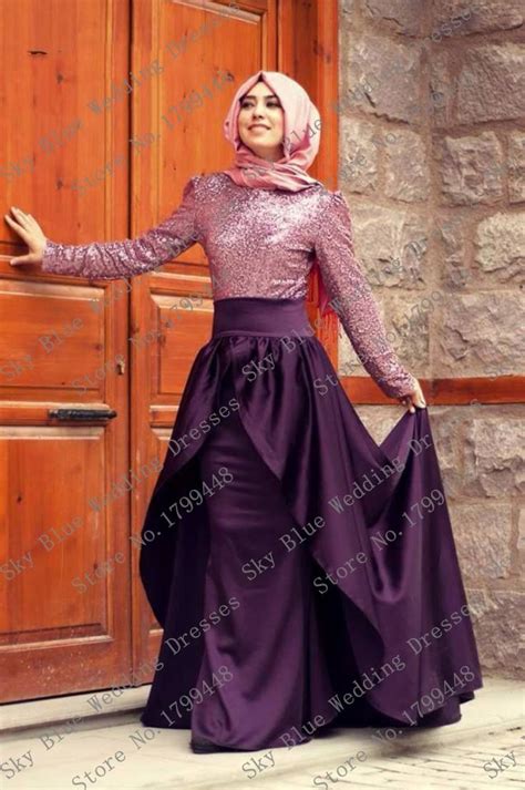 Muslim Hijab Evening Dresses Long Sleeve Lace Mermaid Elegant Purple