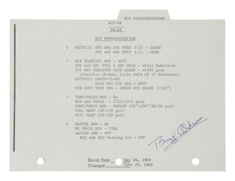 [apollo 11] — Lunar Surface Flown Checklist Sheet With Notations By