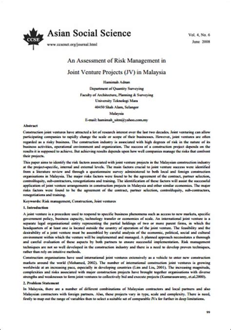 Osh The Journey An Assessment Of Risk Management In Joint Venture Projects Jv In Malaysia