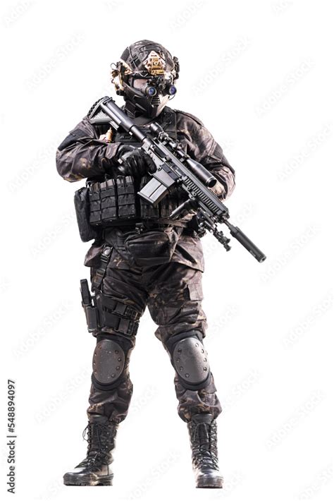 full body fully equipped soldier in tactical clothing and gear isolated ...