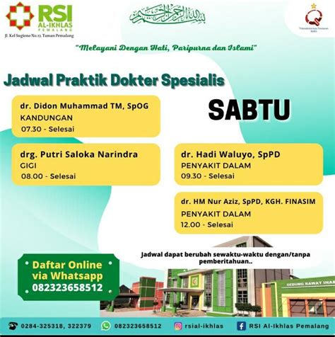 Jadwal Pelayanan Praktik Dokter Poliklinik Di Rsi Al Ikhlas Pemalang