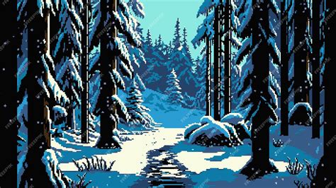 Premium Vector Generative Ai Winter Snowy Forest Landscape 8bit Pixel