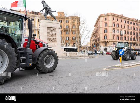 View Of The Italian Farmers Tractor Passing Through The Streets Of