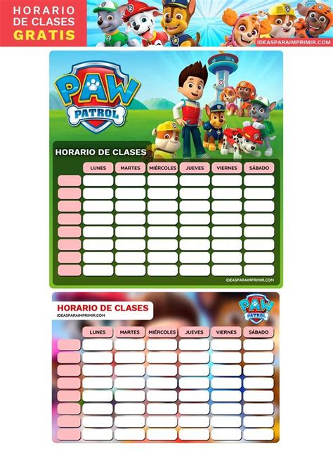 Horario De Clases De PAW PATROL Para Imprimir GRATIS Etiquetas