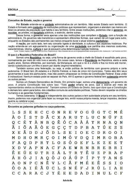 ATIVIDADE SOBRE CONCEITOS DE ESTADO NAÇÃO E GOVERNO RESUMO CAÇA