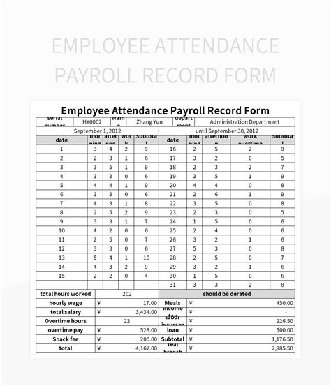 Employee Attendance Payroll Record Form Excel Template And Google Sheets File For Free Download ...